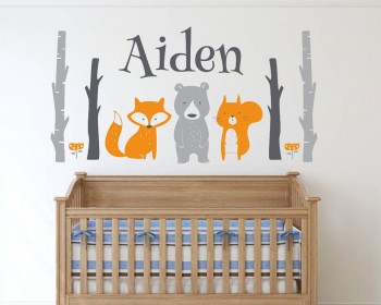 Forest with fox, bear and custom name in cartoon style - Nursery Wall Decal